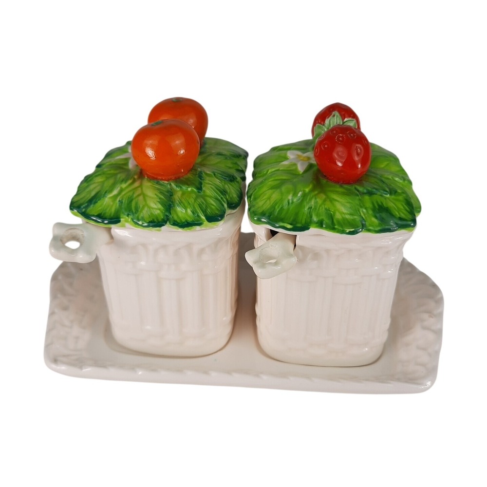 Strawberry & Orange Marmalade Ceramic Jelly Jam Jar Set w/ Spoons Mann Vintage
